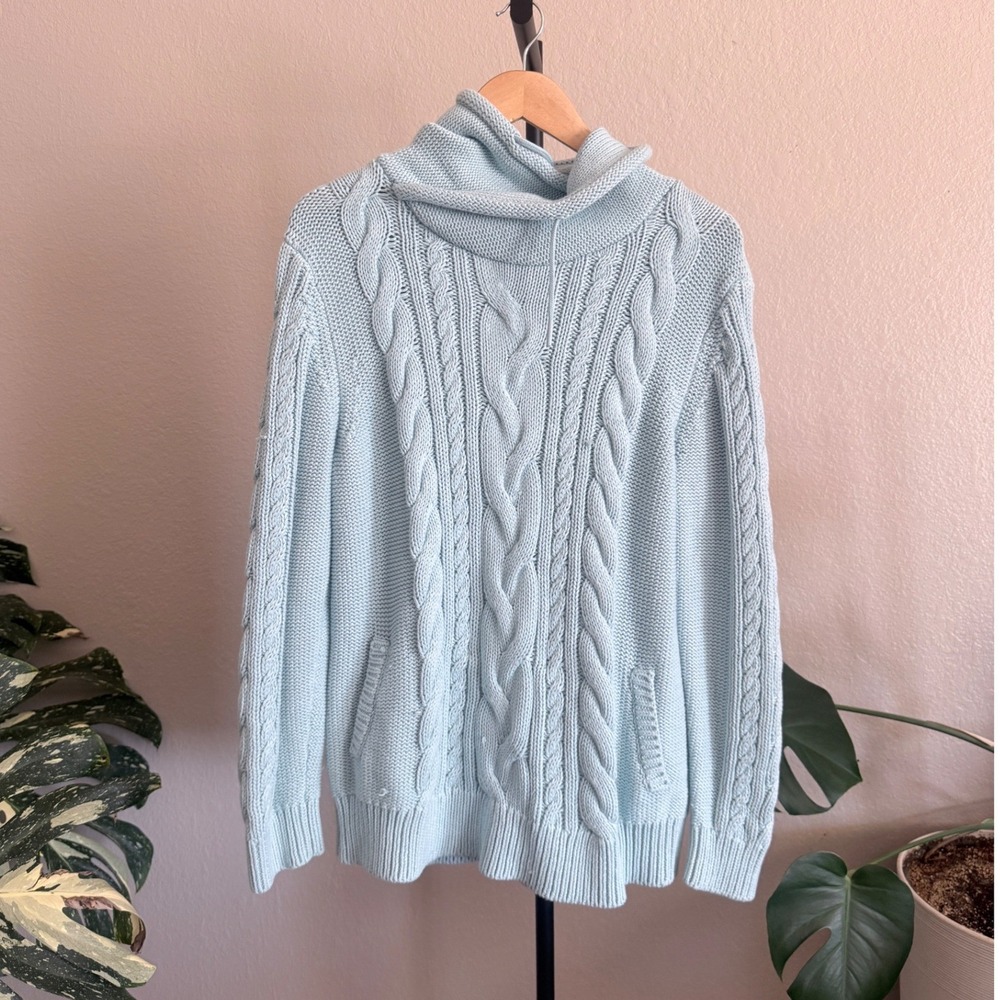 LL Bean Womens XL Light Blue Cable Knit Cowl Neck Sweater with Pockets Regular